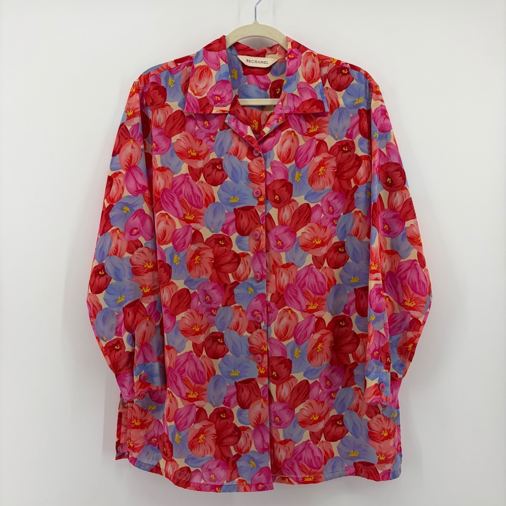 Bechamel Womens Size M Red Pink Floral Button Up Blouse Long Sleeve Tulip Print